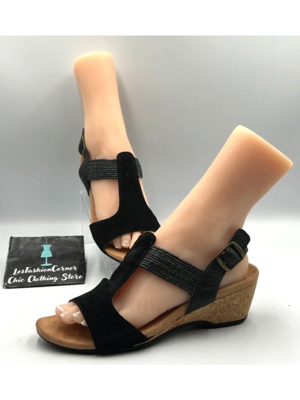 Vionic Women's Black Suede Kaytie T-Strap Cork Wedge Sandals Size 8 3522 - Picture 9 of 16